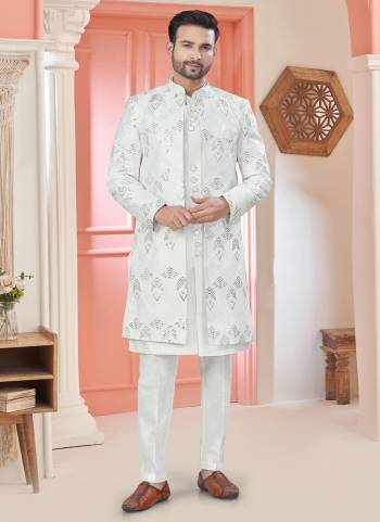 Looking These Party Wear Mans Wear Indo Western Top Bottom With Jacket wearing this fashionable. Tailored Top Bottom Are Art Silk And Jacket On Art Fabriced With Designer Heavy Thread,Sequance Embroidery Work Jacket and fashioned with a banded collar for a dash of style.