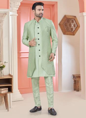 Looking These Party Wear Mans Wear Indo Western Top Bottom With Jacket wearing this fashionable. Tailored Top Bottom Are Art Silk And Jacket On Art Fabriced With Designer Heavy Thread,Sequance Embroidery Work Jacket and fashioned with a banded collar for a dash of style.