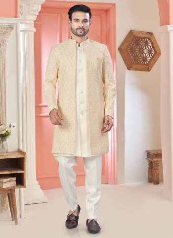 Looking These Party Wear Mans Wear Indo Western Top Bottom With Jacket wearing this fashionable. Tailored Top Bottom Are Art Silk And Jacket On Art Fabriced With Designer Heavy Thread,Sequance Embroidery Work Jacket and fashioned with a banded collar for a dash of style.