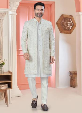 Looking These Party Wear Mans Wear Indo Western Top Bottom With Jacket wearing this fashionable. Tailored Top Bottom Are Art Silk And Jacket On Art Fabriced With Designer Heavy Thread,Sequance Embroidery Work Jacket and fashioned with a banded collar for a dash of style.