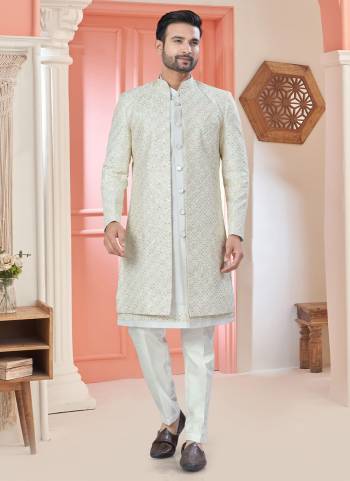 Looking These Party Wear Mans Wear Indo Western Top Bottom With Jacket wearing this fashionable. Tailored Top Bottom Are Art Silk And Jacket On Art Fabriced With Designer Heavy Thread,Sequance Embroidery Work Jacket and fashioned with a banded collar for a dash of style.