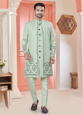 Looking These Party Wear Mans Wear Indo Western Top Bottom With Jacket wearing this fashionable. Tailored Top Bottom Are Art Silk And Jacket On Art Fabriced With Designer Heavy Thread,Sequance Embroidery Work Jacket and fashioned with a banded collar for a dash of style.