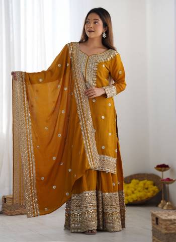 Attrective These Beautiful Looking Readymade Sharara Suits.These Top And Bottom is Fabricated On Chinon Silk And Chinon Silk Dupatta.Its Beautified With Designer Sequance Embroidery Work .