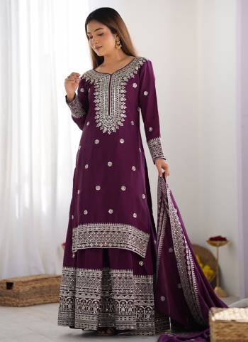 Attrective These Beautiful Looking Readymade Sharara Suits.These Top And Bottom is Fabricated On Chinon Silk And Chinon Silk Dupatta.Its Beautified With Designer Sequance Embroidery Work .