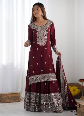 Attrective These Beautiful Looking Readymade Sharara Suits.These Top And Bottom is Fabricated On Chinon Silk And Chinon Silk Dupatta.Its Beautified With Designer Sequance Embroidery Work .