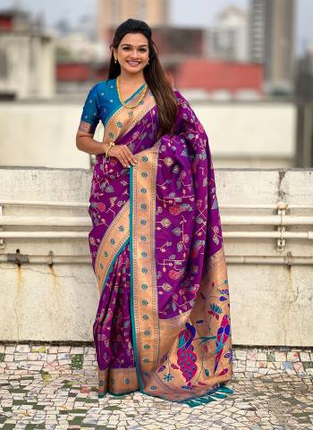 Attrective These Party Wear Saree in Fine Colored.These Saree And Blouse is Fabricated On Soft Silk.Its Beautified With Weaving Jacquard Paithani Meenakari Peacock Designer.