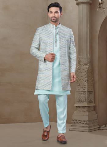 Looking These Party Wear Mans Wear Indo Western Top Bottom With Jacket wearing this fashionable. Tailored Top Bottom Are Malai Silk And Jacket On Mysore Silk Fabriced With Designer Embroidery Work,Position Printed Jacket and fashioned with a banded collar for a dash of style.