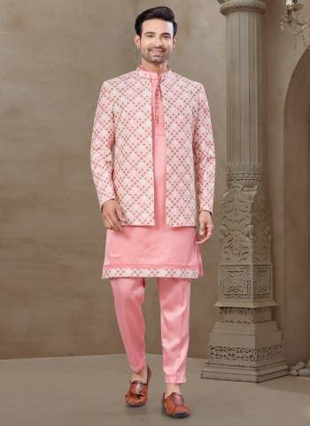 Looking These Party Wear Mans Wear Indo Western Top Bottom With Jacket wearing this fashionable. Tailored Top Bottom Are Malai Silk And Jacket On Mysore Silk Fabriced With Designer Embroidery Work,Position Printed Jacket and fashioned with a banded collar for a dash of style.
