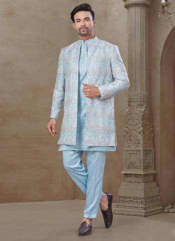 Looking These Party Wear Mans Wear Indo Western Top Bottom With Jacket wearing this fashionable. Tailored Top Bottom Are Malai Silk And Jacket On Mysore Silk Fabriced With Designer Embroidery Work,Position Printed Jacket and fashioned with a banded collar for a dash of style.