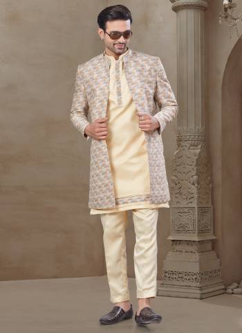 Looking These Party Wear Mans Wear Indo Western Top Bottom With Jacket wearing this fashionable. Tailored Top Bottom Are Malai Silk And Jacket On Mysore Silk Fabriced With Designer Embroidery Work,Position Printed Jacket and fashioned with a banded collar for a dash of style.