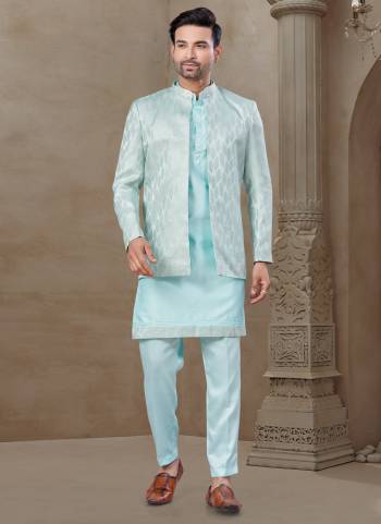 Looking These Party Wear Mans Wear Indo Western Top Bottom With Jacket wearing this fashionable. Tailored Top Bottom Are Malai Silk And Jacket On Jacquard Fabriced With Designer Embroidery Work,Position Printed Jacket and fashioned with a banded collar for a dash of style.
