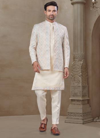 Looking These Party Wear Mans Wear Indo Western Top Bottom With Jacket wearing this fashionable. Tailored Top Bottom Are Malai Silk And Jacket On Jacquard Fabriced With Designer Embroidery Work,Position Printed Jacket and fashioned with a banded collar for a dash of style.
