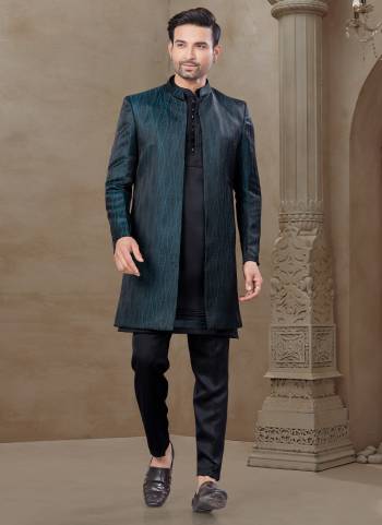 Looking These Party Wear Mans Wear Indo Western Top Bottom With Jacket wearing this fashionable. Tailored Top Bottom Are Malai Silk And Jacket On Jacquard Fabriced With Designer Embroidery Work,Position Printed Jacket and fashioned with a banded collar for a dash of style.