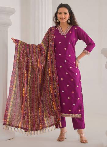 Attrective These Designer Suit in Fine Colored Pair With Bottom And Dupatta.These Top And Bottom Are Fabricated On Viscose Chanderi Pair With Chinon Dupatta.Its Beautified With Designer Embroidery Work.