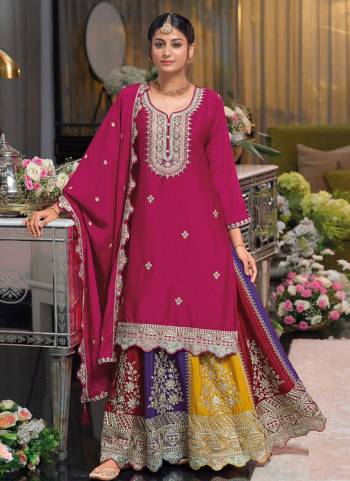 Garb These Party Wear Designer Gharara Suits in Fine Colored Pair With Dupatta.These Top Are Chinon And Dupatta Are Fabricated On Chinon Pair With Chinon Bottom.Its Beautified With Heavy Designer Embroidery Work