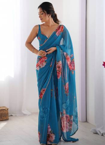 Garb These Party Wear Saree in Fine Colored.These Saree Are Georgette And Blouse is Georgette Fabricated.Its Beautified With Designer Floral Hand Printed With Moti Lace Work.