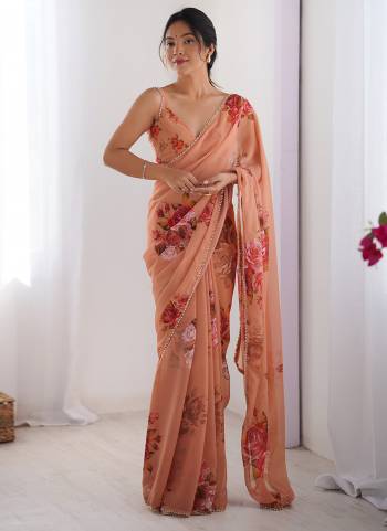 Garb These Party Wear Saree in Fine Colored.These Saree Are Georgette And Blouse is Georgette Fabricated.Its Beautified With Designer Floral Hand Printed With Moti Lace Work.