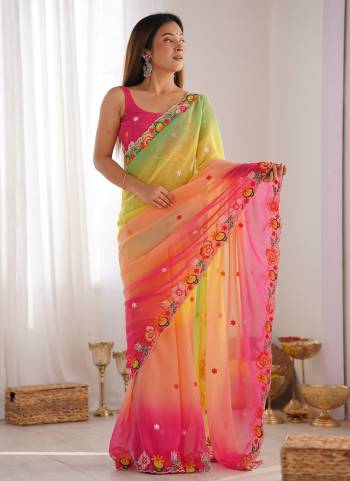 Attrective These Party Wear Saree in Fine Dual Shaded Colored.These Saree Are Georgette And Blouse is Georgette Fabricated.Its Beautified With Pedding Color Printed With Designer Embroidery Work.