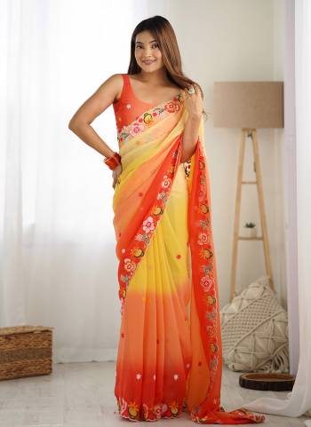 Attrective These Party Wear Saree in Fine Dual Shaded Colored.These Saree Are Georgette And Blouse is Georgette Fabricated.Its Beautified With Pedding Color Printed With Designer Embroidery Work.