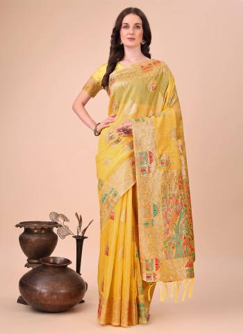 Looking These Party Wear Saree in Fine Colored.These Saree And Blouse is Fabricated On Linen Cotton.Its Beautified With Weavon Jacquard Designer.
