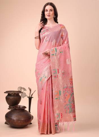 Looking These Party Wear Saree in Fine Colored.These Saree And Blouse is Fabricated On Linen Cotton.Its Beautified With Weavon Jacquard Designer.