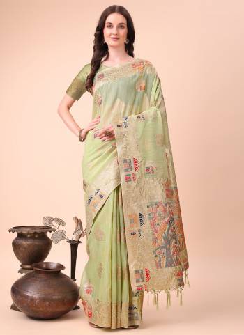 Looking These Party Wear Saree in Fine Colored.These Saree And Blouse is Fabricated On Linen Cotton.Its Beautified With Weavon Jacquard Designer.