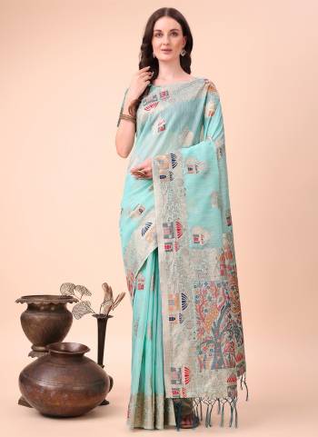 Looking These Party Wear Saree in Fine Colored.These Saree And Blouse is Fabricated On Linen Cotton.Its Beautified With Weavon Jacquard Designer.
