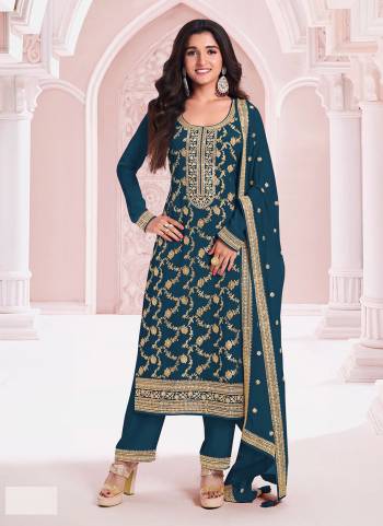 Blue colored Pakistani Suit is prettified with Embroidery work,Sequence Work And Zari as shown which makes it appear classy. This top is made of Pure Jacquard Viscos fabric which is accompanied with Santoon Bottom,Santoon Inner and Chinon dupatta. Women can buy this suit to wear for their parties and functions.