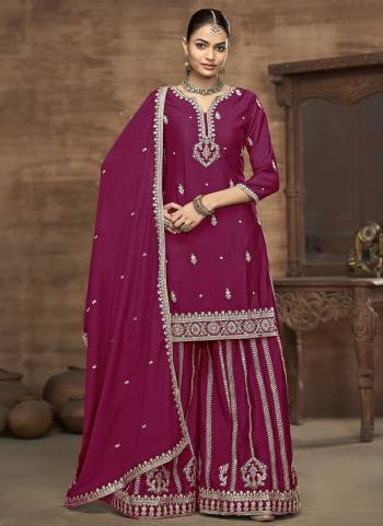 Looking These Beautiful Looking Fine Color Plazzo Suits.These Top Are Chinon And Dupatta Are Chinon And Bottom Chinon Fabricated.Its Beautified With Designer Embroidery Work.
