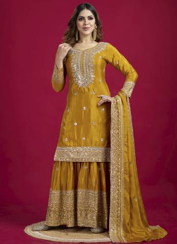 Attrective These Beautiful Looking Readymade Sharara Suits.These Top And Bottom is Fabricated On Chinon And Chinon Dupatta.Its Beautified With Designer Sequance Embroidery Work .