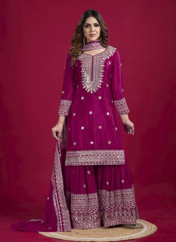 Attrective These Beautiful Looking Readymade Sharara Suits.These Top And Bottom is Fabricated On Chinon And Chinon Dupatta.Its Beautified With Designer Sequance Embroidery Work .