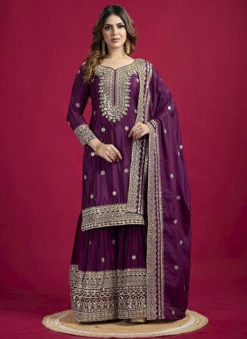 Attrective These Beautiful Looking Readymade Sharara Suits.These Top And Bottom is Fabricated On Chinon And Chinon Dupatta.Its Beautified With Designer Sequance Embroidery Work .