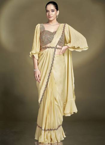 Look Attrective These Designer Party Wear Ready To Wear Saree With Blouse in Fine Colored.These Saree Are Crepe Satin Silk And Blouse Crepe is Fabricated.Its Beautified Solid,Desiger Sequance,Beads,Aari Hand Work And Belt.