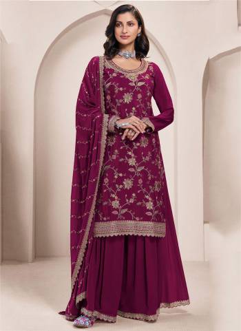  Looking These Party Wear Sharara Suit in Fine Colored Pair With Bottom And Dupatta.These Top Are Chinon And Dupatta Are Fabricated On Chinon Pair With Chinon Bottom.Its Beautified With Designer Embroidery With Hand Work.