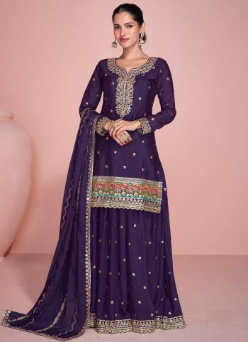 Purple Colored Palazo Suit is prettified with Embroidery work,Zari And Sequence Work as shown which makes it appear classy. This top is made of Chinon fabric which is accompanied with Chinon Bottom,Santoon Inner and Chinon dupatta. Women can buy this suit to wear for their parties and functions.