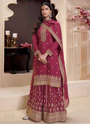 Maroon Colored Palazo Suit is prettified with Embroidery work,Zari And Sequence Work as shown which makes it appear classy. This top is made of Chinon fabric which is accompanied with Chinon Bottom,Santoon Inner and Chinon dupatta. Women can buy this suit to wear for their parties and functions.