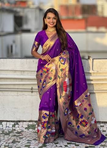 Garb These Party Wear Saree in Fine Colored.These Saree And Blouse is Fabricated On Paithani Silk.Its Beautified With Weaving Meenakari Polka Motifs Designer.