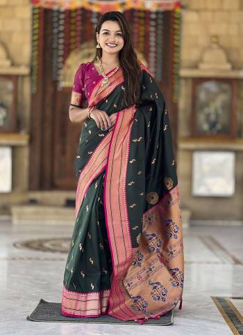 Attrective These Party Wear Saree in Fine Colored.These Saree And Blouse is Fabricated On Paithani Silk.Its Beautified With Weaving Jacquard Peacock Designer.