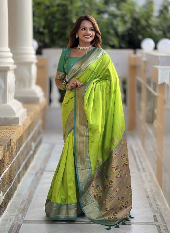 Attrective These Party Wear Saree in Fine Colored.These Saree And Blouse is Fabricated On Paithani Silk.Its Beautified With Weaving Jacquard Peacock Designer.