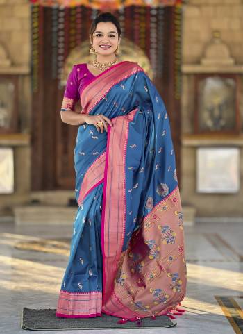 Attrective These Party Wear Saree in Fine Colored.These Saree And Blouse is Fabricated On Paithani Silk.Its Beautified With Weaving Jacquard Peacock Designer.