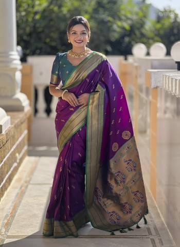 Attrective These Party Wear Saree in Fine Colored.These Saree And Blouse is Fabricated On Paithani Silk.Its Beautified With Weaving Jacquard Peacock Designer.