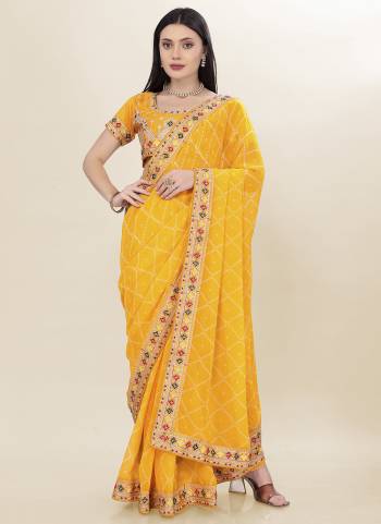 Attective These Party Wear Saree in Fine Colored.These Saree Are Georgette And Blouse is Art Silk Fabricated.Its Beautified With Bandhani Printed,Embroidery Work Lace And Blouse.