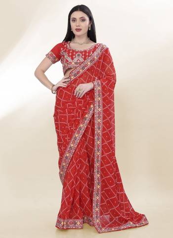 Attective These Party Wear Saree in Fine Colored.These Saree Are Georgette And Blouse is Art Silk Fabricated.Its Beautified With Bandhani Printed,Embroidery Work Lace And Blouse.
