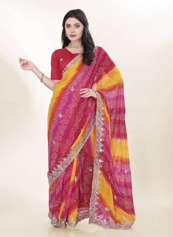Attective These Saree in Fine Colored.These Saree Are Georgette And Blouse is Art Silk Fabricated.Its Beautified With Bandhani Printed,Embroidery Work Lace And Blouse.