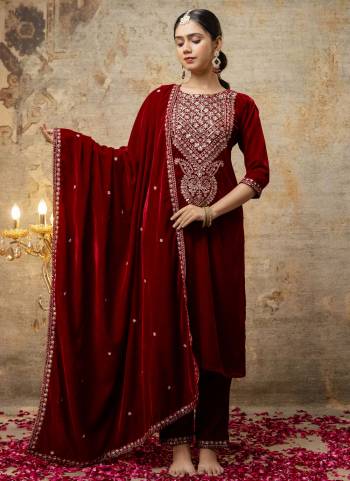 Attractive These Beautiful Looking Readymade Suits With Dupatta.These Suit is Fabricated On Top Are Velvet And Bottom Are Velvet And Velvet Dupatta .Its Beautified With Designer Embroidery Work.