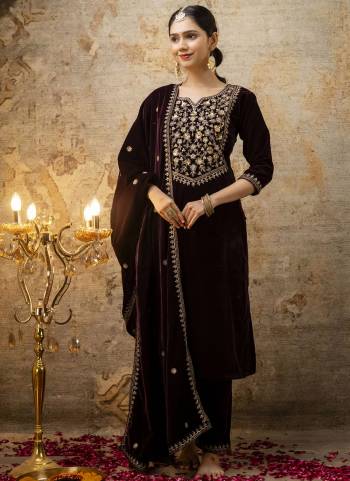 Attractive These Beautiful Looking Readymade Suits With Dupatta.These Suit is Fabricated On Top Are Velvet And Bottom Are Velvet And Velvet Dupatta .Its Beautified With Designer Embroidery Work.