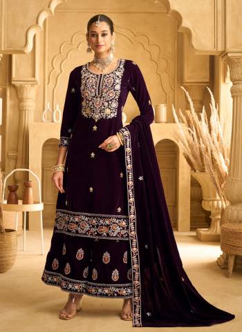 Looking These Party Wear Designer Plazzo Suits in Fine Colored Pair With Dupatta.These Top Are Velvet And Dupatta Are Fabricated On Velvet Pair With Velvet Bottom.Its Beautified With Designer Embroidery Work.