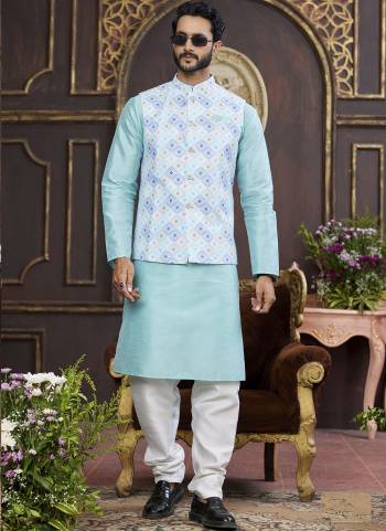 Looking These Party Wear Mans Wear Top Bottom With Jacket wearing this fashionable. Tailored Top Bottom Are Art Silk And Jacket On Faux Satin Fabriced With Solid With Designer Digital Printed, Embroidery Work.