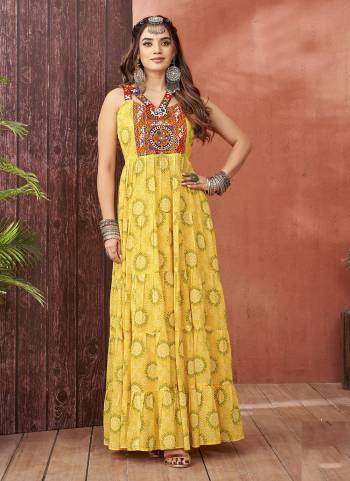 Atrective These Beautiful Looking Navratri Collection Readymade Long Gown.These Gown is Fabricated On Faux Georgette.Its Beautified With Designer Bandhani Printed With Kutchi Work.