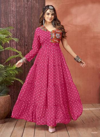 Atrective These Beautiful Looking Navratri Collection Readymade Long Gown.These Gown is Fabricated On Faux Georgette.Its Beautified With Designer Bandhani Printed With Kutchi Work.
